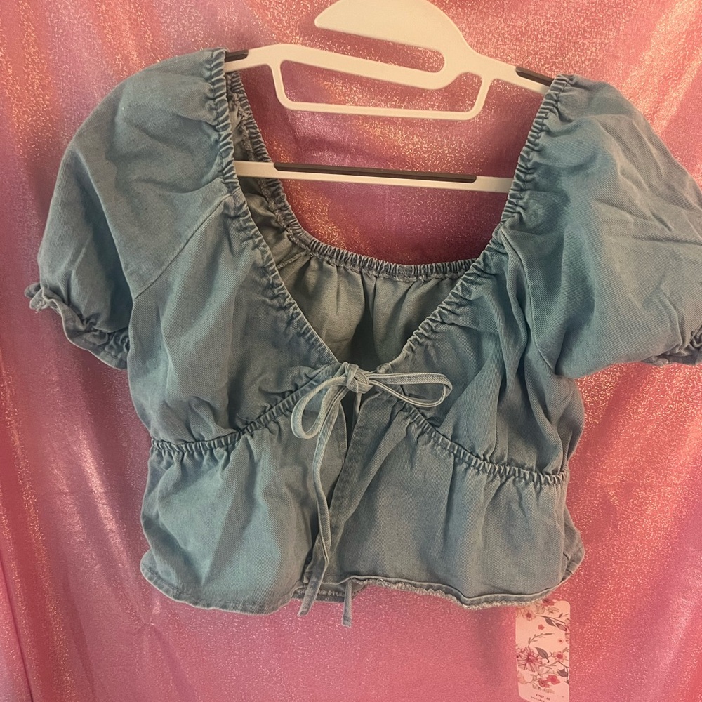 SHEIN MOD Women's Blue Denim Fitted Short Sleeve Casual Shirt